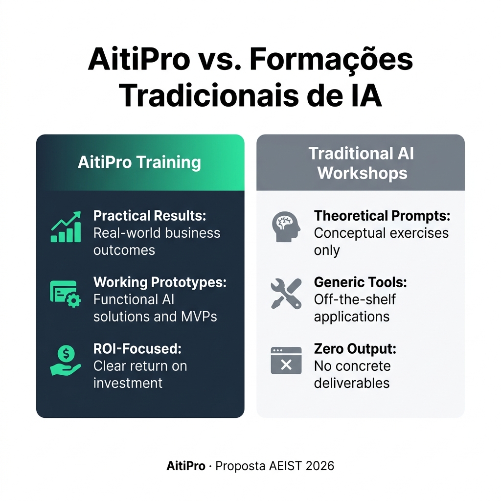 Infográfico de diferenciação AitiPro: workshops genéricos vs construção de soluções demonstráveis